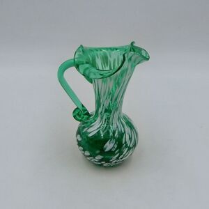 Rainbow Glass Hand Blown Green Glass Pitcher Splatter Ruffle Edge Applied Handle